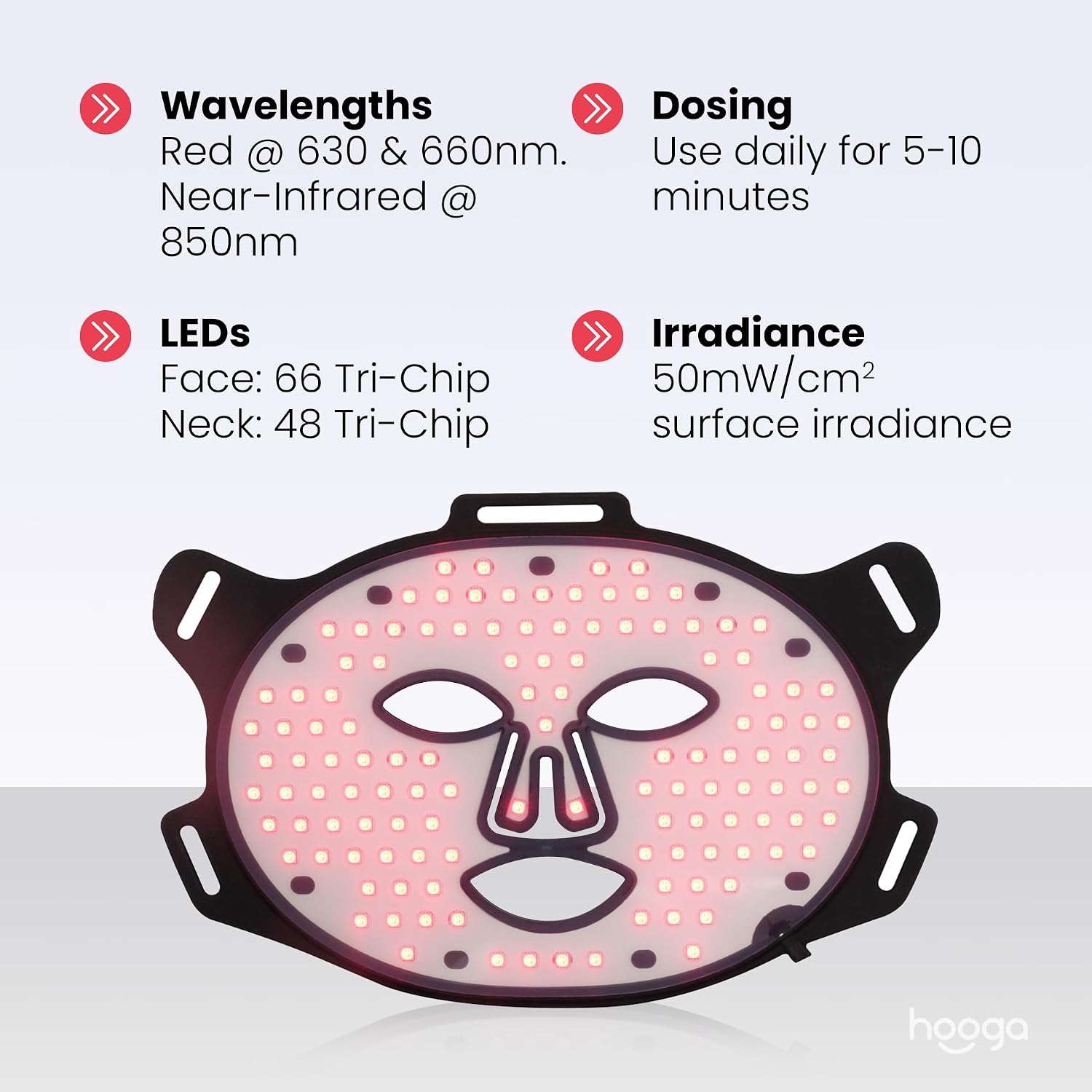 Hooga Red Light Therapy Mask – LED Face & Neck Light Therapy Mask Set, 630nm 660nm Red & 850nm Near Infrared, Tri Chip LEDs, Rechargeable, Adjustable Comfortable Fit