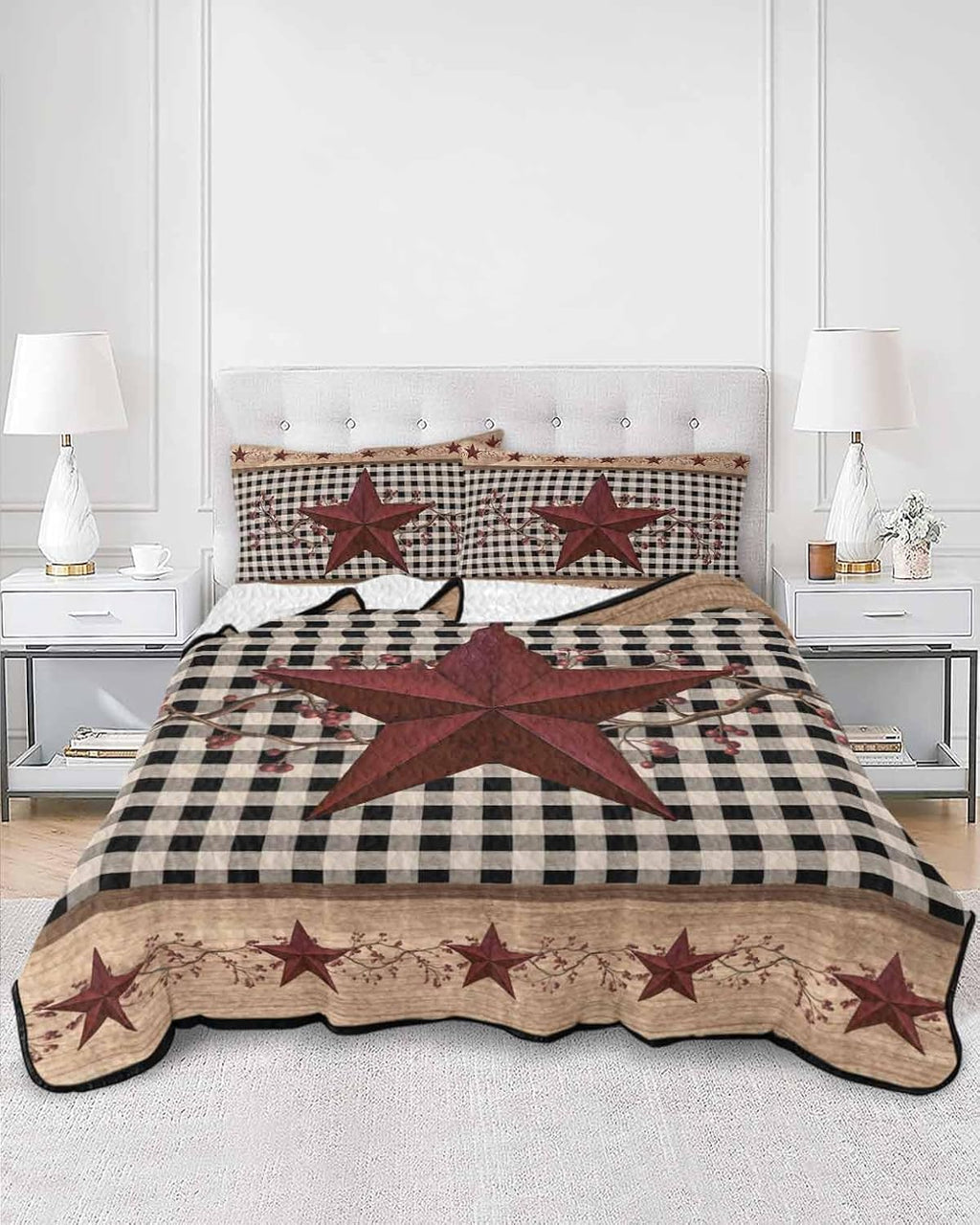 Quilt King Size Bedding Set, Red Texas Star Farmhouse Lightweight Summer Quilt 3 Pieces Bedding Sets, Black Plaid Berry Country Reversible Soft Bedspreads Coverlets with 2 Pillow Shams for All Season