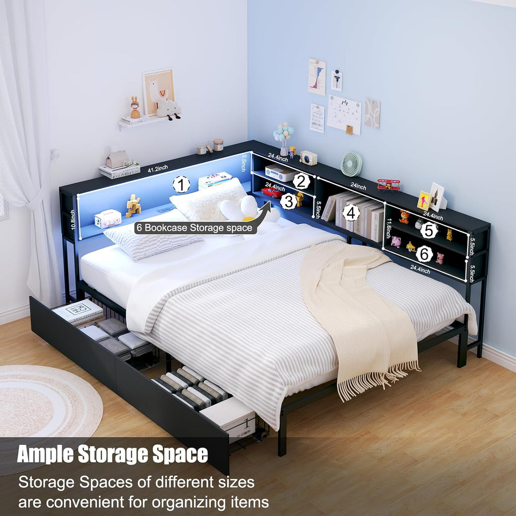 Black Full Corner Bed Frame with Storage Drawers, Metal Daybed with Storage Bookcase, Kids Platform Bed with Charging Station and LED Lights, No Spring Mattress Needed (Black, Full)