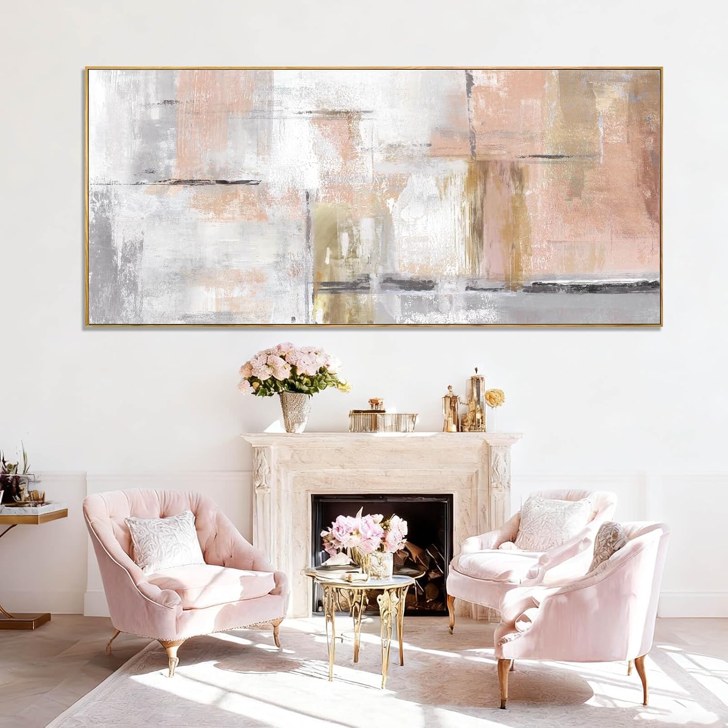 SOUGUAN Contemporary Home Wall Decor Pink and White Canvas Painting Abstract Wall Art 32'x70' Decorations for Bedroom Kitchen Artwork