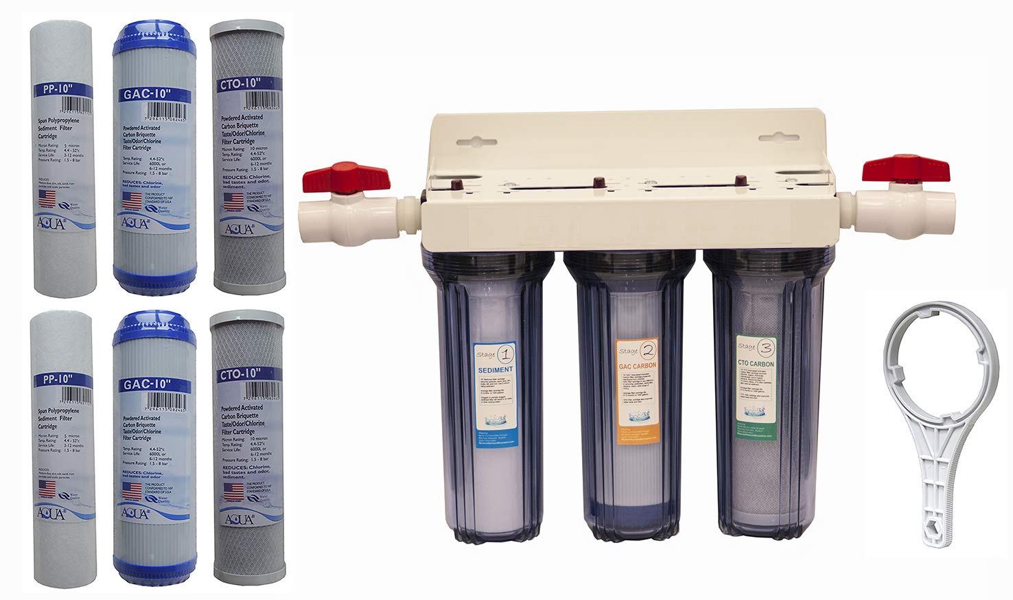 Whole House 3-Stage Water Filtration System, 3/4' port with 2 valves and extra 1 year filter supply (2 sets, 6 pcs)