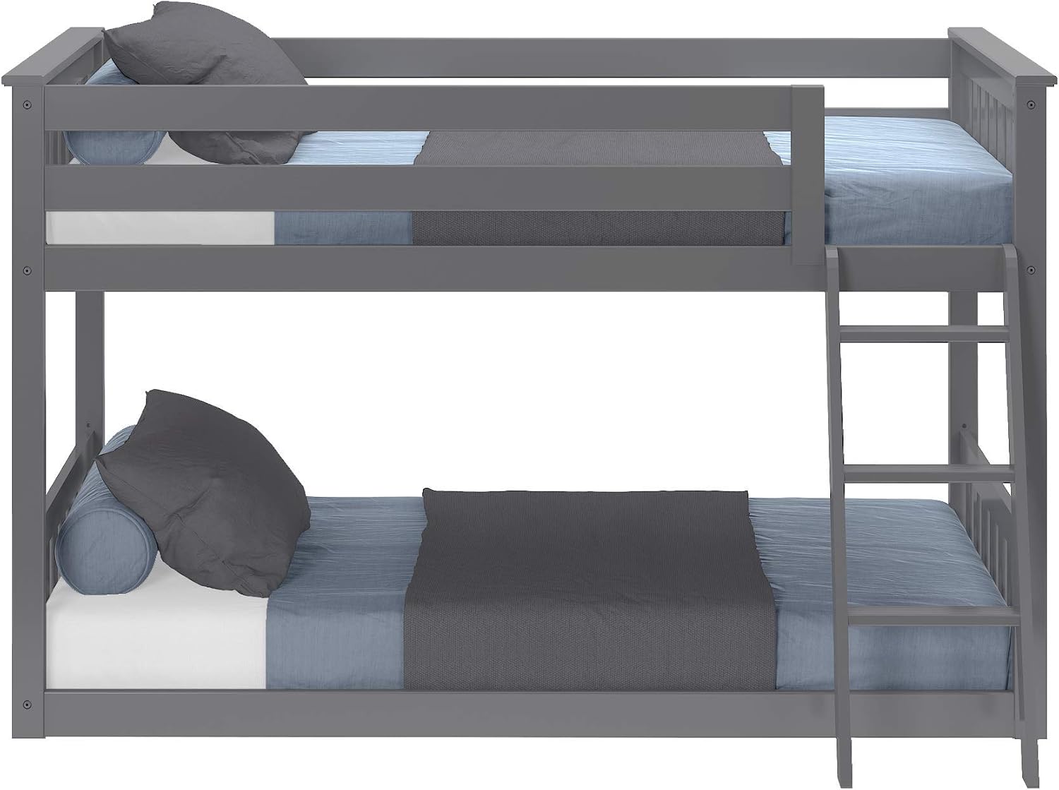 Max & Lily Twin Over Twin Low Bunk Bed with Ladder, Wooden Bunk beds with 14' Safety Guardrail for Kids,Toddlers, Boys, Girls, Teens, Bedroom Furniture, Grey