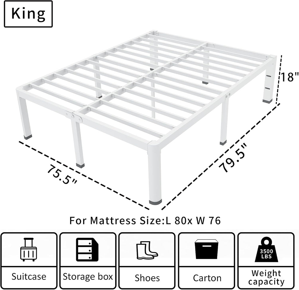 ROIL 18 Inch White King Size Bed Frame with Rounded Corner and Headboard Hole Mattress Retainers 3500LBS Heavy Duty Steel Slats No Box Spring Needed Platform Noise-Free Easy Assembly