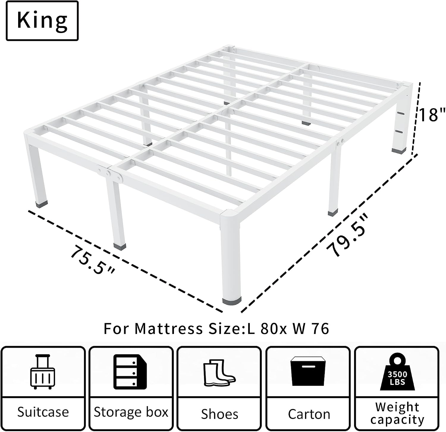 ROIL 18 Inch White King Size Bed Frame with Rounded Corner and Headboard Hole Mattress Retainers 3500LBS Heavy Duty Steel Slats No Box Spring Needed Platform Noise-Free Easy Assembly