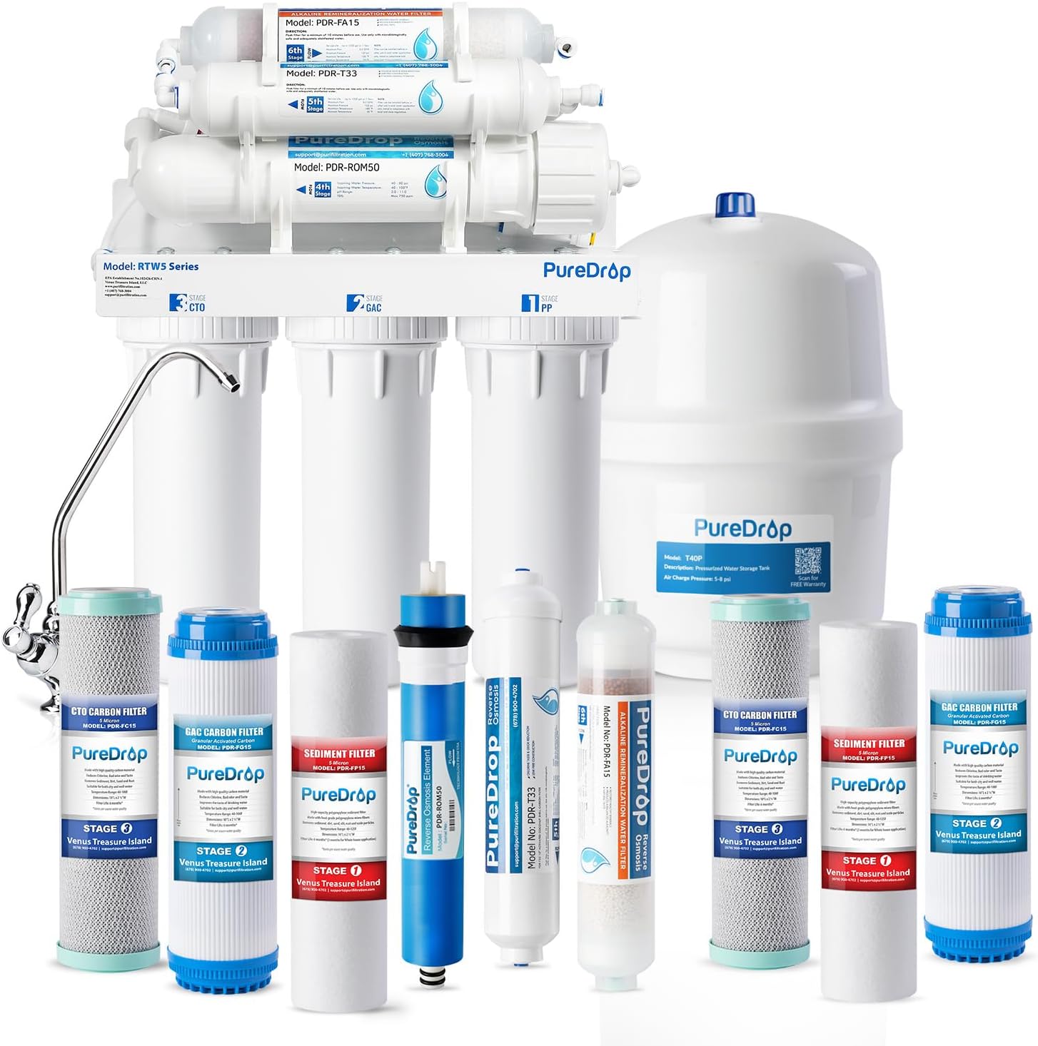 PureDrop RTW5AK SGS-Tested Reverse Osmosis Alkaline Water Filter System, 6 Stage pH+ Alkaline Remineralization Under Sink RO Water Filtration System Plus Extra 3 Filters, 50 GPD