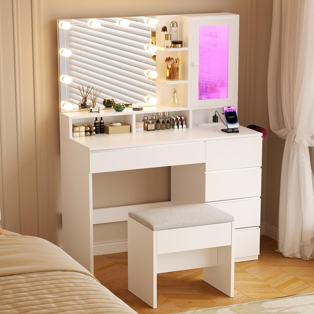 ERLEJIA Vanity Desk with LED Lights Mirror, 35.43' Modern Makeup Table with 6 Storage Drawers & Stool for Ladies and Girls, RGB Light Makeup Desk with Power Outlet for Bedroom Dressing Room, White