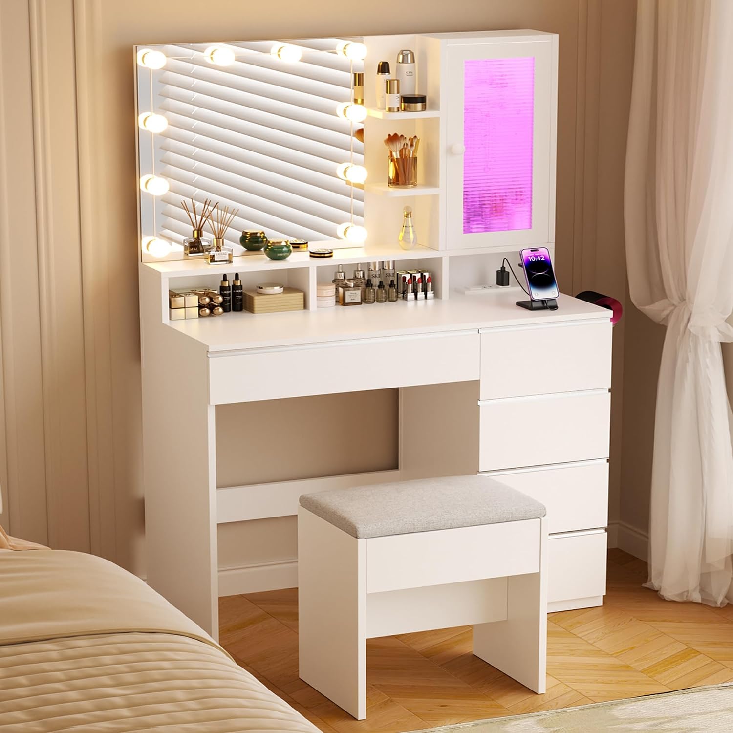 ERLEJIA Vanity Desk with LED Lights Mirror, 35.43' Modern Makeup Table with 6 Storage Drawers & Stool for Ladies and Girls, RGB Light Makeup Desk with Power Outlet for Bedroom Dressing Room, White