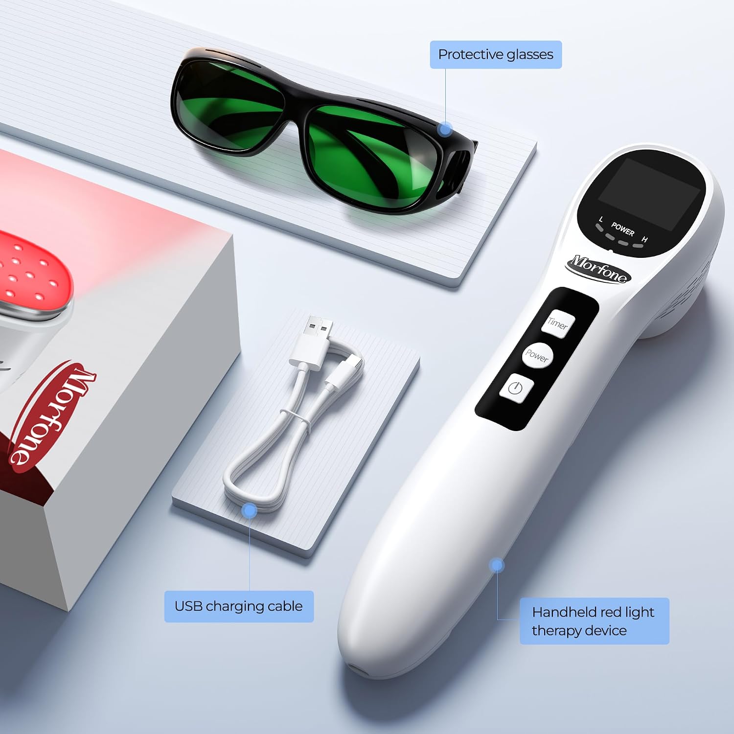 Morfone Handheld Red Light Therapy Devices - Near Infrared Light Therapy for Face & Body, 660nm 808nm Wireless Red Light Therapy Wand with Glasses for Knee, Wrist, Local Pain and Pets, Portable, White