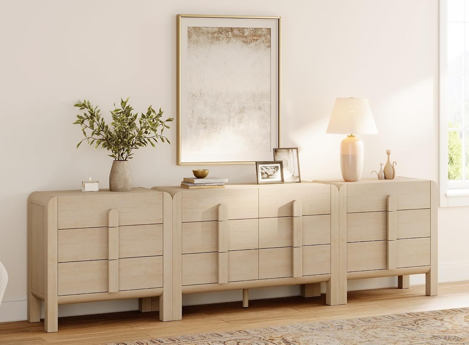 WAMPAT 3 Piece Bedroom Dresser Set, 110.2' Wide Mid Century Modern Chest of Drawers with Curved Handles, Dresser TV Stand with 12 Drawers, Wood Drawer Organizer for Bedroom, Light Oak