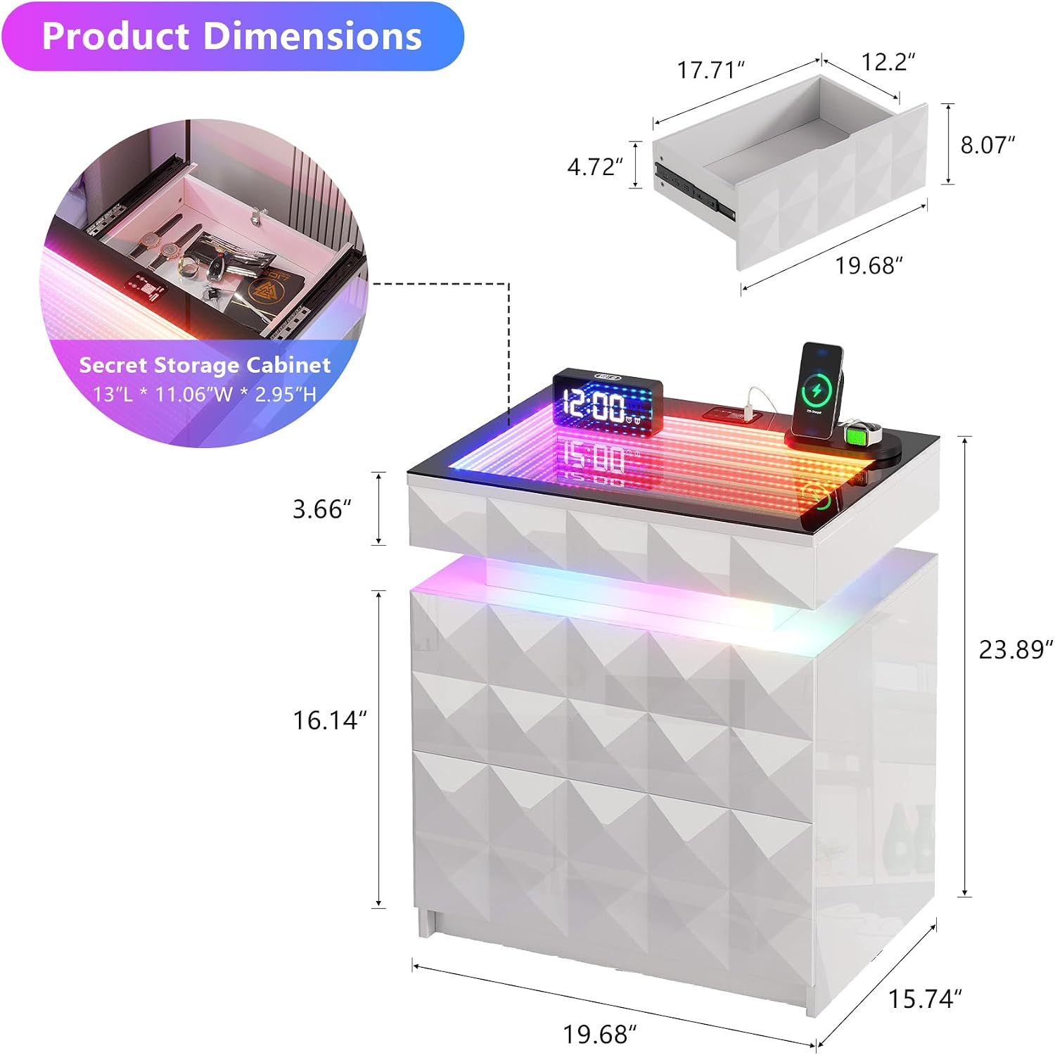 Bedside Table with Charger Station and RGB Lights, Nightstand with 3 Drawers and Sliding Top, Modern Night Stand with Human Body Sensor for Bedroom & Living Room, White