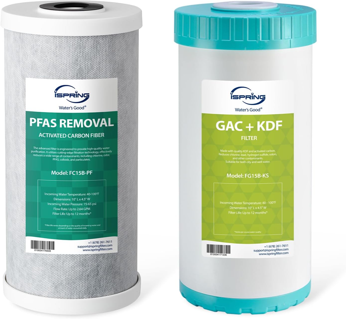 iSpring F2WGB21BPFKS 2-Stage Whole House Water Filter Replacement Set, Compact 10' x 4.5' Filters for PFAS, Heavy Metals, Chlorine & Odor Reduction, SGS-Tested Media, Fits Standard Home Systems