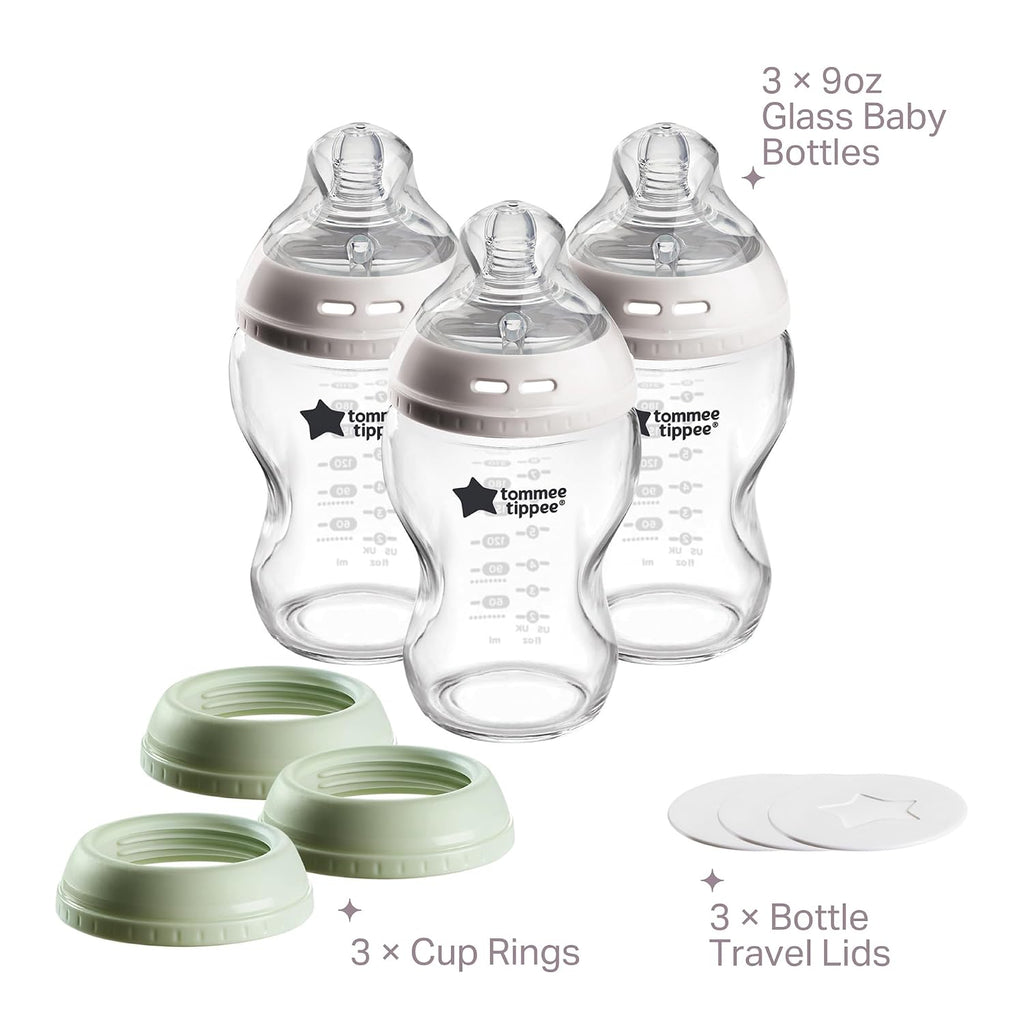 Tommee Tippee Natural Start 9oz Glass Baby Bottles, Self Sterilizing, BPA & Phthalates Free, 0+ Months, Slow Flow Breast-Like Nipple for a Natural Latch, Travel Jar, Cup Rings, (Pack of 54)