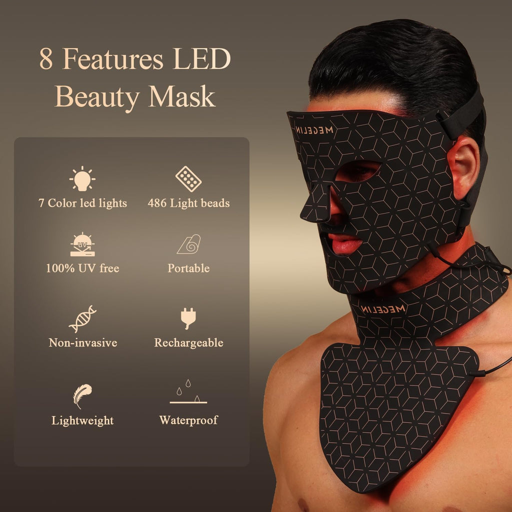 MEGELIN Led Red Light Therapy Face & Neck Mask, 7 Colors Led Light Therapy Facial Mask, Infrared Red Light Therapy Mask, Infrared Light Skin Rejuvenation(Black)
