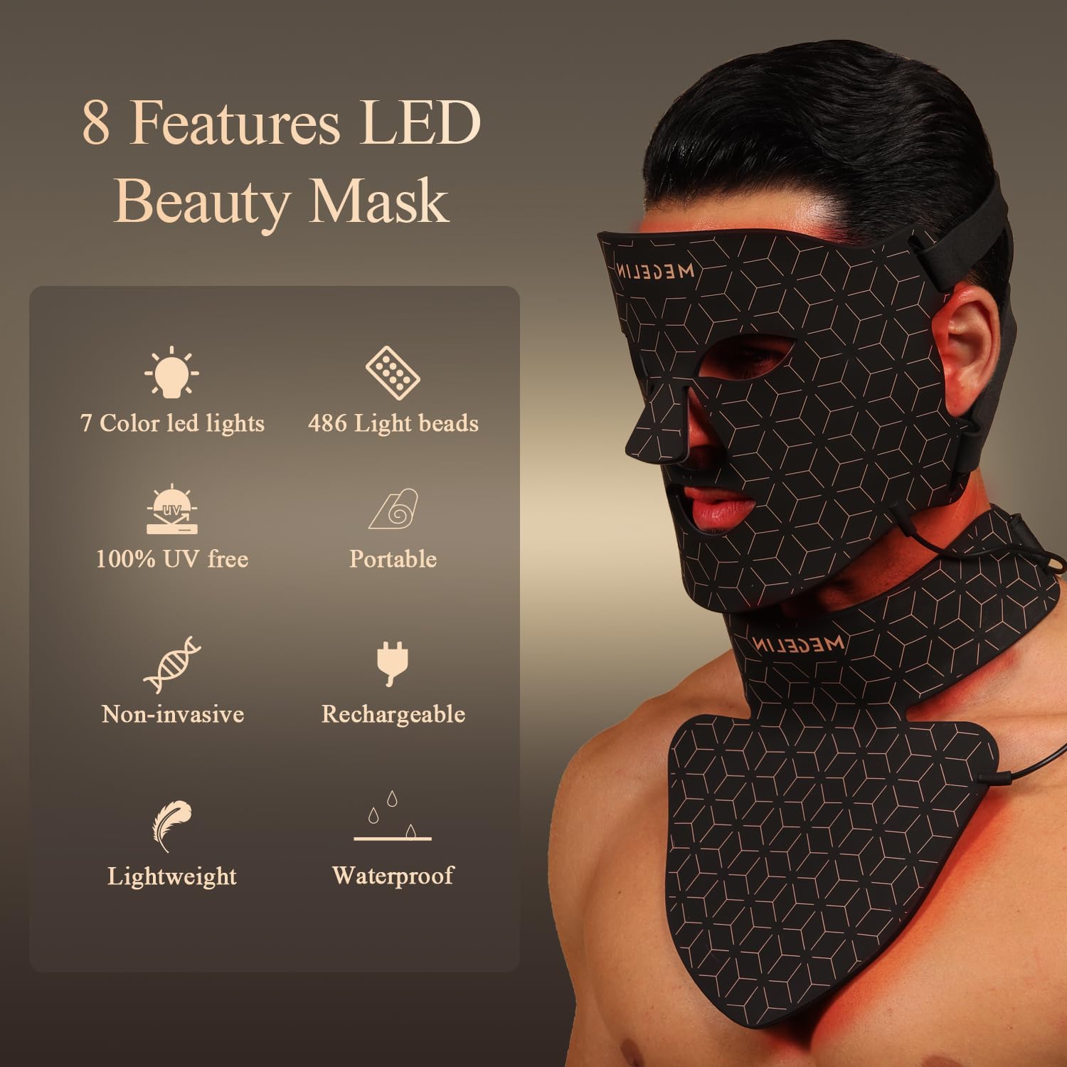 MEGELIN Led Red Light Therapy Face & Neck Mask, 7 Colors Led Light Therapy Facial Mask, Infrared Red Light Therapy Mask, Infrared Light Skin Rejuvenation(Black)