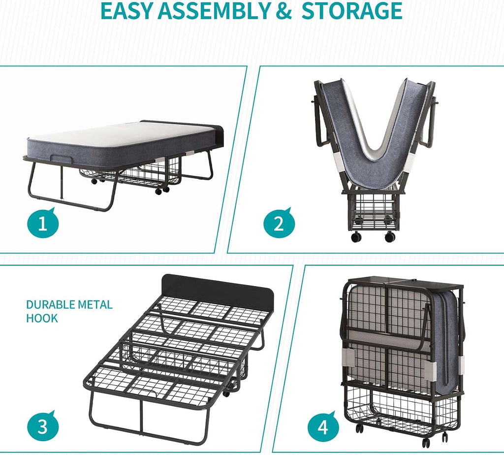BALUS Folding Bed with Mattress for Adults, 75' x 31' Rollaway Bed with Head Baffle & Mesh Storage Basket, Fold Up Beds for Guests, Foldable Frame with Locking Casters for Easy Moving（Upgrade）