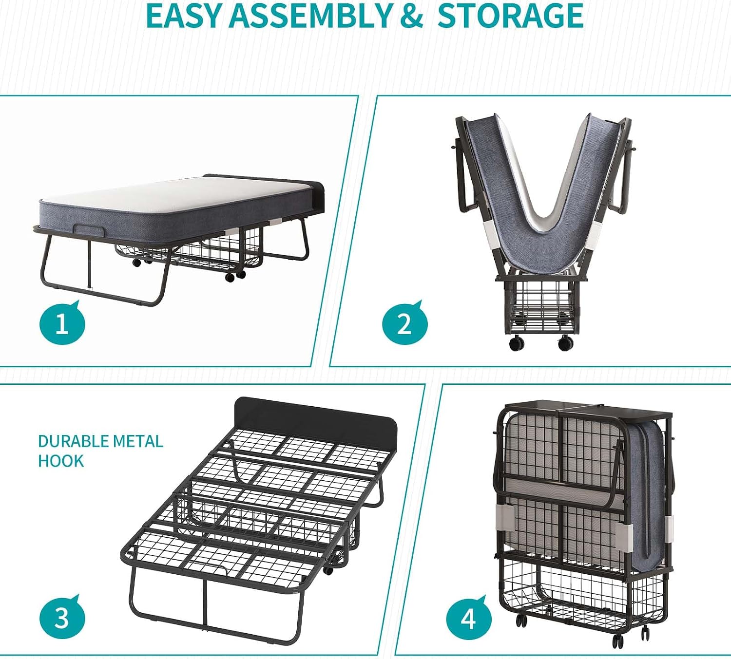 BALUS Folding Bed with Mattress for Adults, 75' x 31' Rollaway Bed with Head Baffle & Mesh Storage Basket, Fold Up Beds for Guests, Foldable Frame with Locking Casters for Easy Moving（Upgrade）