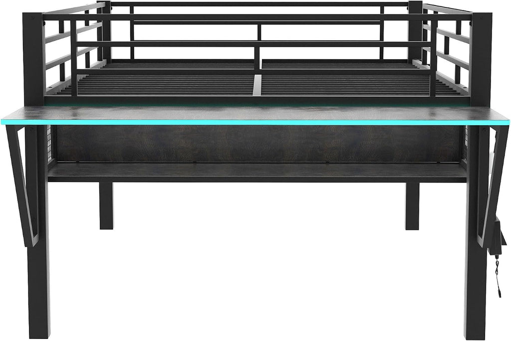 Modern Gaming Mid Loft Bed with Built-in LED Lights & Large Desk, High Sleeper Twin Size Bed with PC Gaming Setup for Teenagers, Space-Saving Furniture for Small Room (Black + Full)