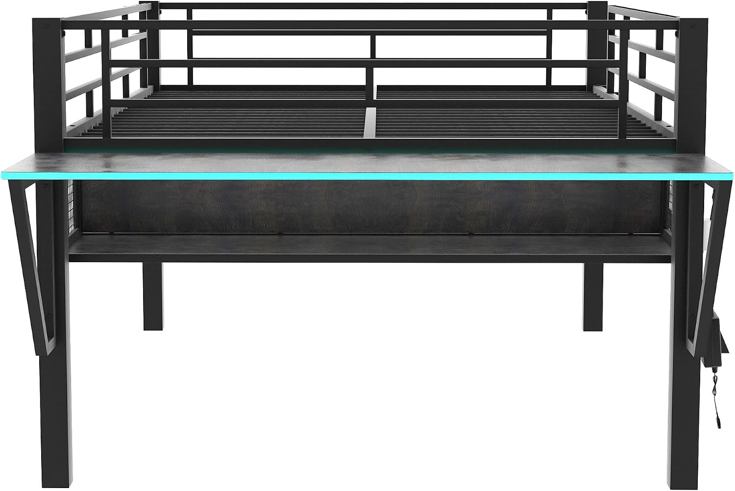 Modern Gaming Mid Loft Bed with Built-in LED Lights & Large Desk, High Sleeper Twin Size Bed with PC Gaming Setup for Teenagers, Space-Saving Furniture for Small Room (Black + Full)