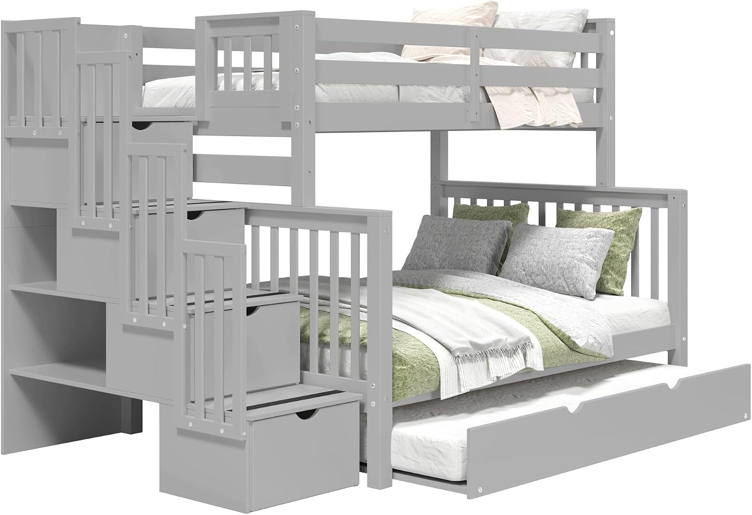 Bedz King Stairway Bunk Beds Twin Over Full, 4 Step Drawers, Twin Trundle, Gray