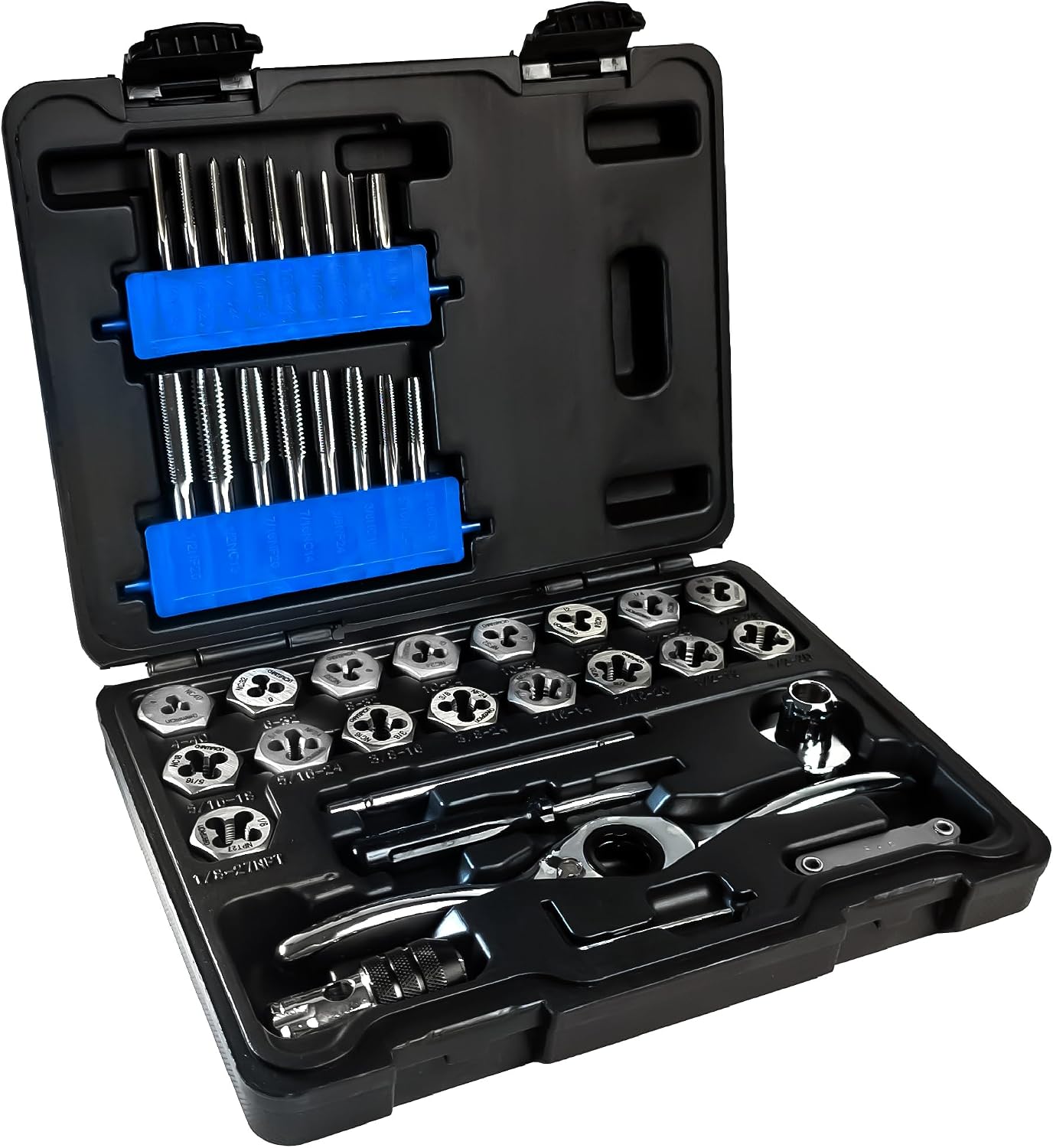 Champion Cutting Tool 40-Piece Tap and Die Set, UNC/UNF SAE Sizes with Ratcheting Wrench, High Speed Plug Taps and Hex Dies for Metalworking, Automotive, Construction, Part# CS40P-A