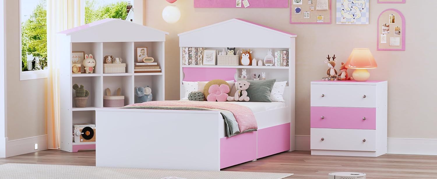3 Pcs Bedroom Sets, Twin Size House Shaped Wooden Bed with Storage Drawers, Nightstand with Colorblock Design and House Shaped Stroage Rack, Pink+White