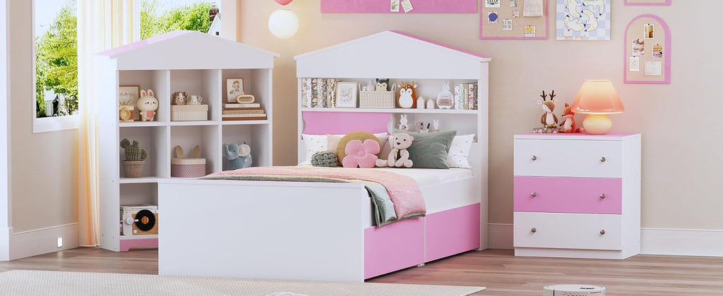 3 Pcs Bedroom Sets, Twin Size House Shaped Wooden Bed with Storage Drawers, Nightstand with Colorblock Design and House Shaped Stroage Rack, Pink+White