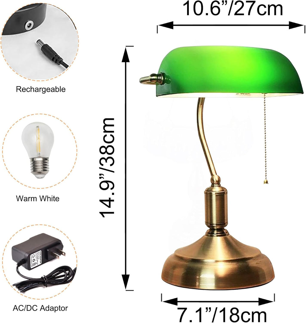 Kiven Cordless Bankers Table Lamp,1-Light Dimmable Bedside Lamps for Nightstand with Glass Lampshade, Vintage Rechargeable Desk Lamp for Reading Home Decor Bedside TD1117