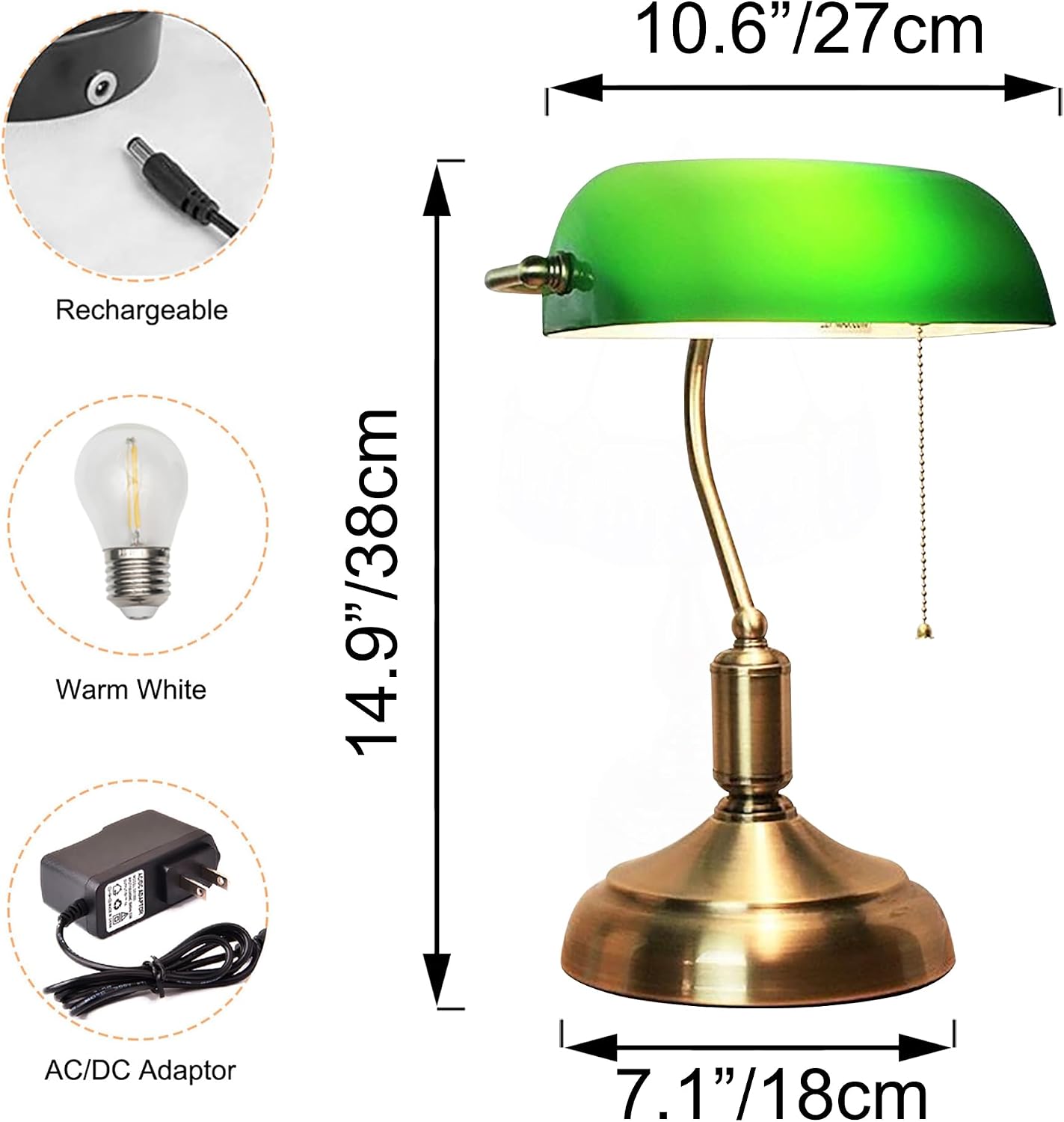 Kiven Cordless Bankers Table Lamp,1-Light Dimmable Bedside Lamps for Nightstand with Glass Lampshade, Vintage Rechargeable Desk Lamp for Reading Home Decor Bedside TD1117