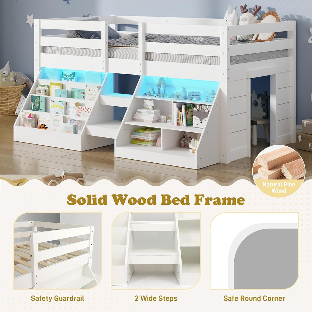 St.Mandyu Twin Size Low Loft Bed with LED Lights, Twin Loft Bed with Stairs, Bookcase, Safety Guardrail and Under-Bed Play Space, White