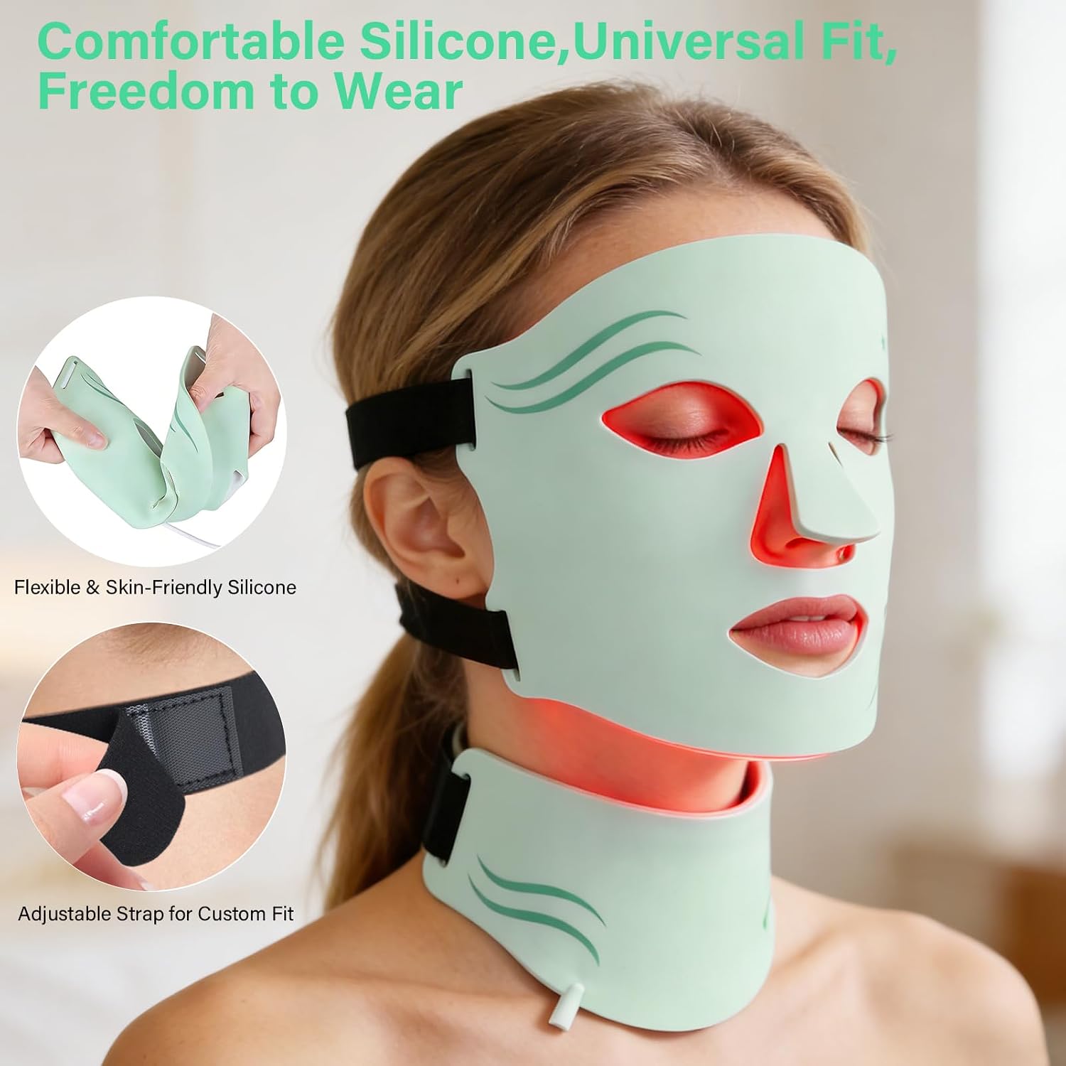 LED Face Mask Light Therapy with Neck, 7-Color Skin Care Mask for Home Use, Red 630±5nm & Near Infrared 830nm, Helps Reduce Wrinkles & Inflammatory Acne（Green）