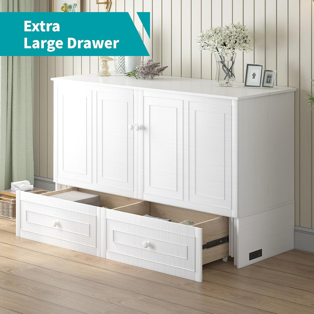 BALUS Queen Size Cabinet Murphy Bed, Modern Murphy Beds for Bedroom, Adults Chest Cabinet Wall Bed with Built-in USB Charging Station, Storage Drawer for Living Room, No Mattress(White)