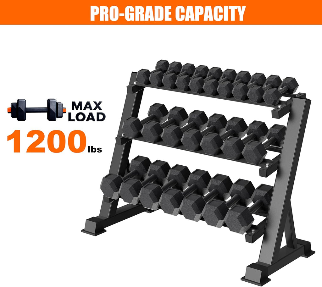 Heavy Duty 3 Tier Dumbbell Rack Stand, 1200LBS Commercial Weight Storage Organizer for Home Gym (Select Frame Type: Kettlebell Flat Tray, All Rails, or Rolling Wheels), Stand Only