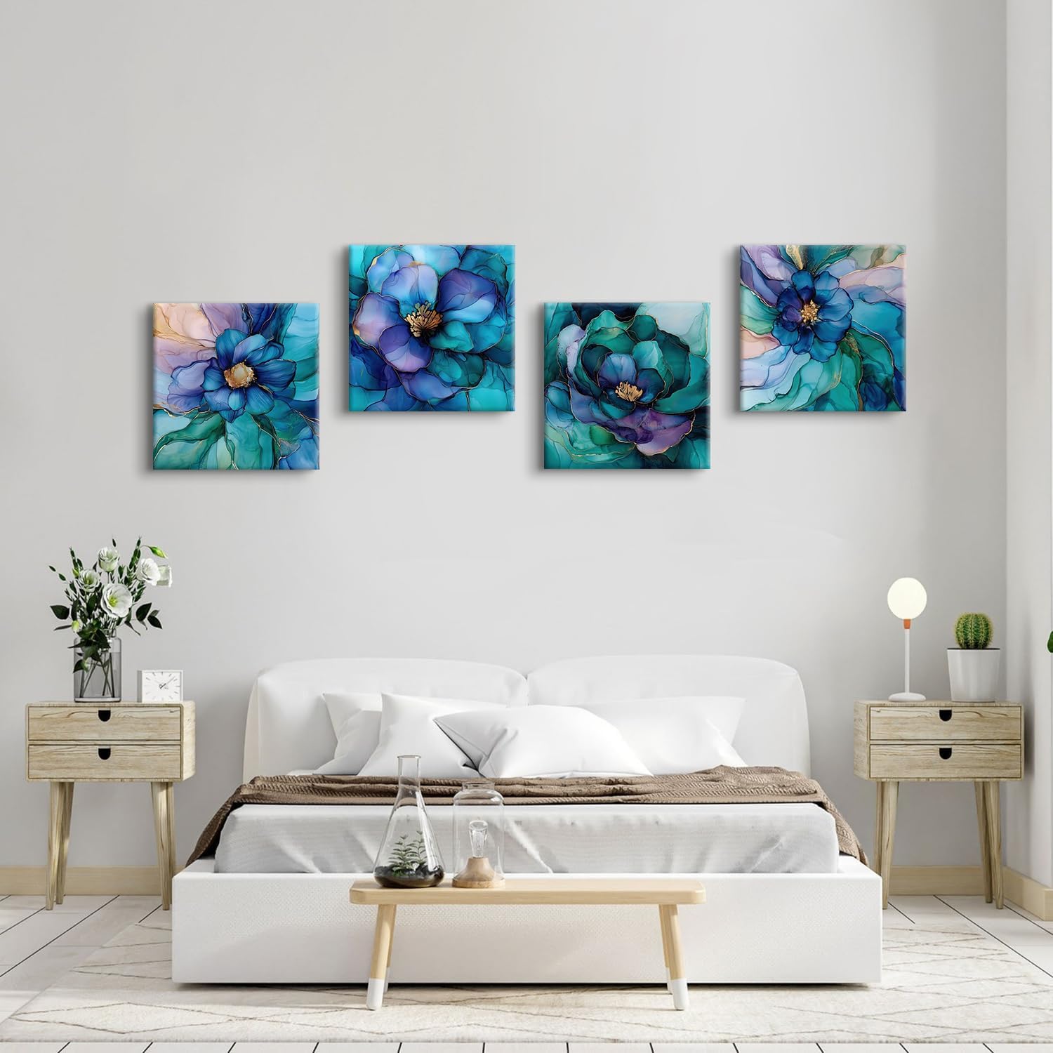 Abstract Wall Art Teal Blue and Gold Pictures Wall Decor Turquoise Floral Painting Colorful Flower Canvas Prints Poster Modern Abstract Artwork for Bedroom Living Room Home Decoration 24x24' 4Pcs