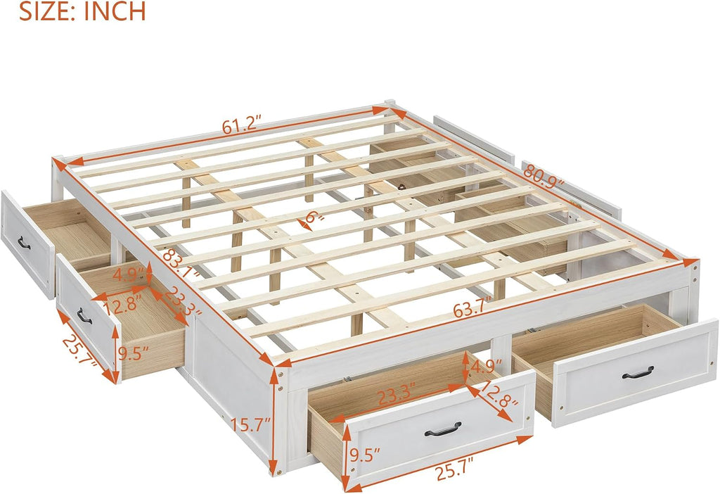 Queen Size Wooden Platform Bed with 6 Storage Drawers, No Box Spring Needed (Antique White, Queen)