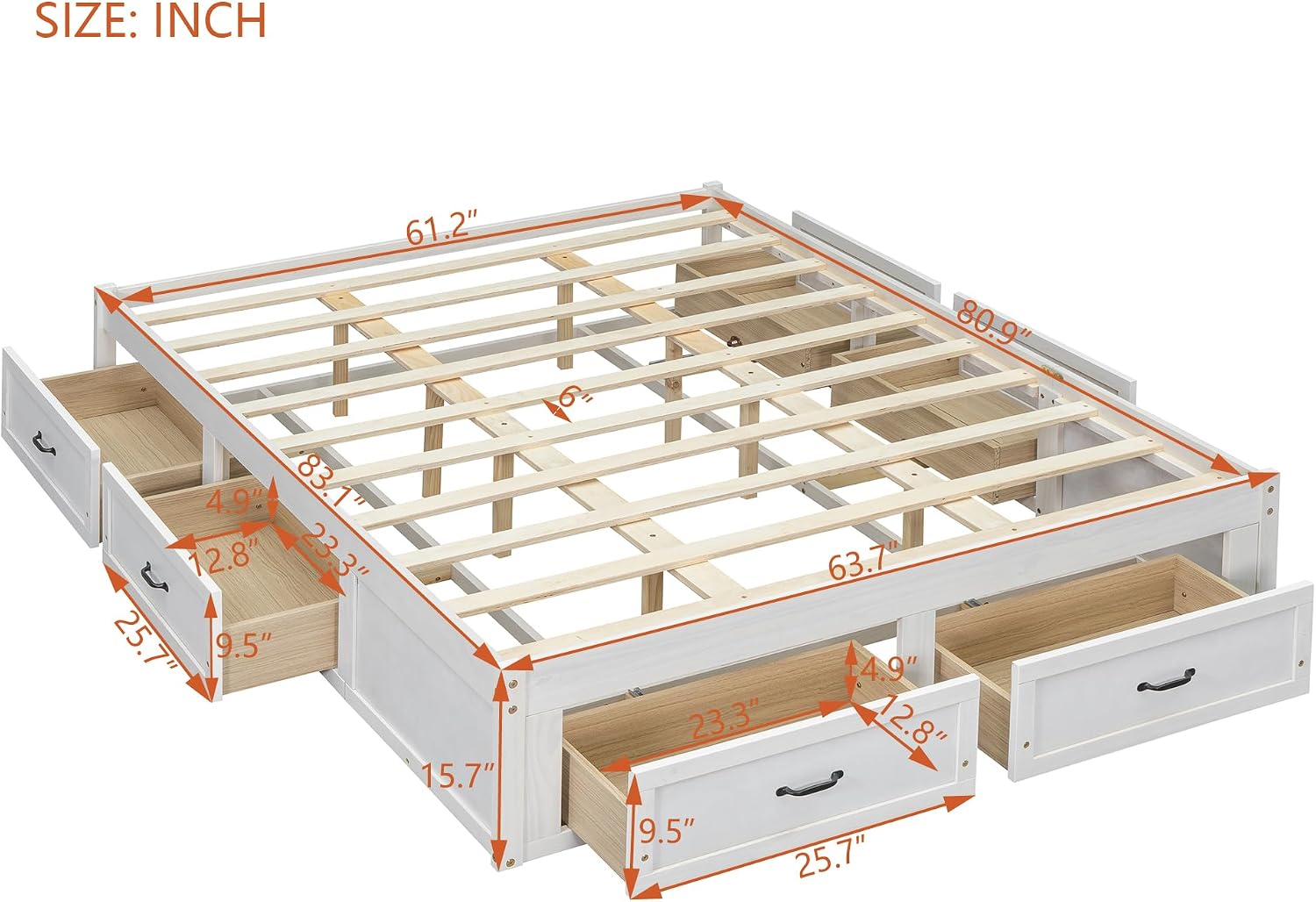 Queen Size Wooden Platform Bed with 6 Storage Drawers, No Box Spring Needed (Antique White, Queen)