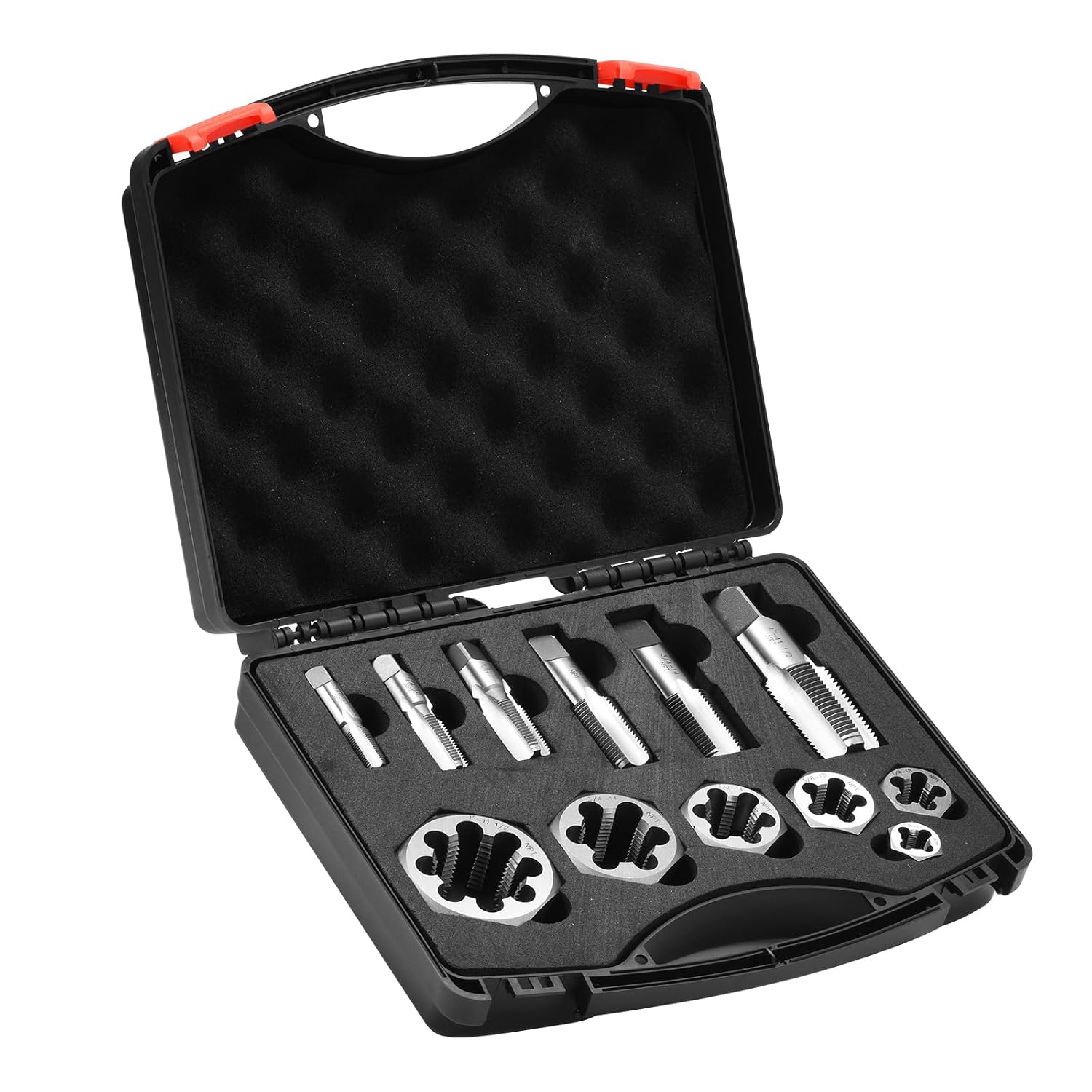 NPT Tap and Die Set – 1/8' to 1' Pipe Threading Tool Kit, GCr15 Alloy Steel Taper Tap and Hex Die Set with Storage Case for NPT Thread Repair and Cutting