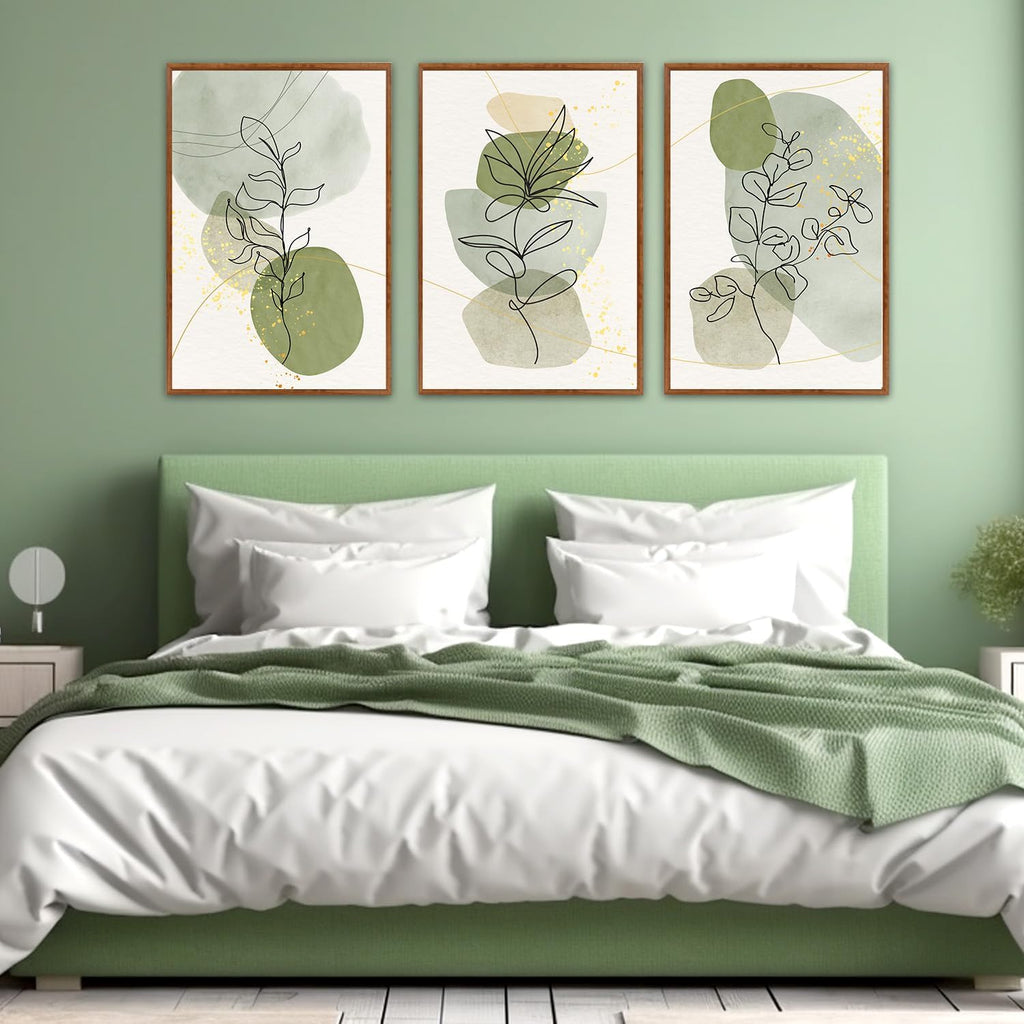 KAlRNE Boho Botanical Framed Canvas Wall Art Set of 3(24'X36'),Abstract Sage Green Wall Decor,Minimalist Watercolor Picture,Modern Geometric Black Line Art Prints For Living Room Bedroom Office