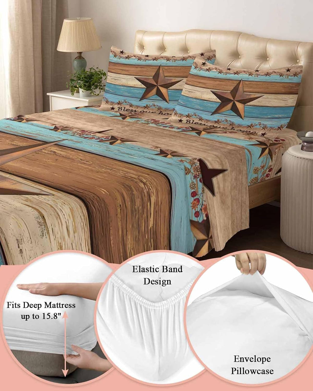 Western Texas Star Retro Cal King Sheet Set 4 Piece Bedding - Country Farmhouse Light Blue Brown Wood Breathable Comfy Cooling Bed Sheets & Pillowcase Sets,Hotel Flat Sheets Deep Pockets Fitted Sheet