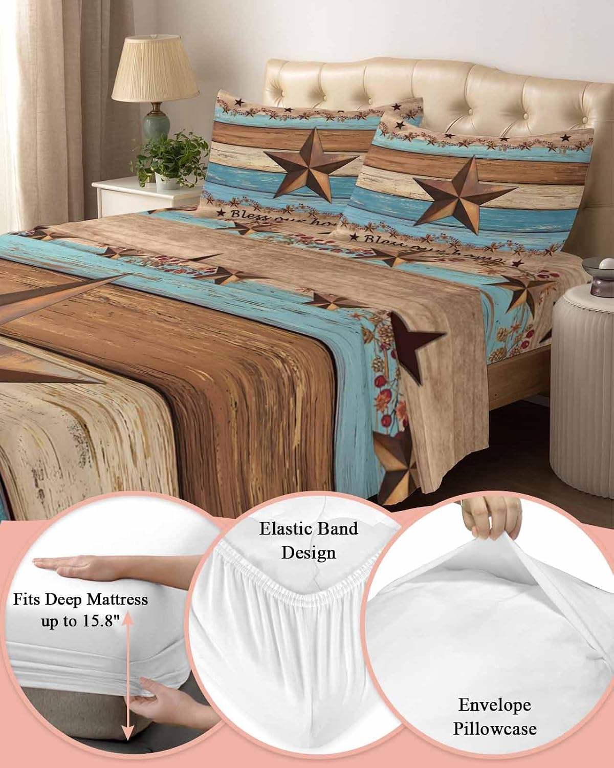 Western Texas Star Retro Cal King Sheet Set 4 Piece Bedding - Country Farmhouse Light Blue Brown Wood Breathable Comfy Cooling Bed Sheets & Pillowcase Sets,Hotel Flat Sheets Deep Pockets Fitted Sheet