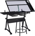 Yaheetech Drafting Table w/Stool Height Adjustable Multifunctional Art Craft Artists Desk Tilting Glass Tabletop Diamond Paintings Work Station w/2 Storage Drawers for Home Office
