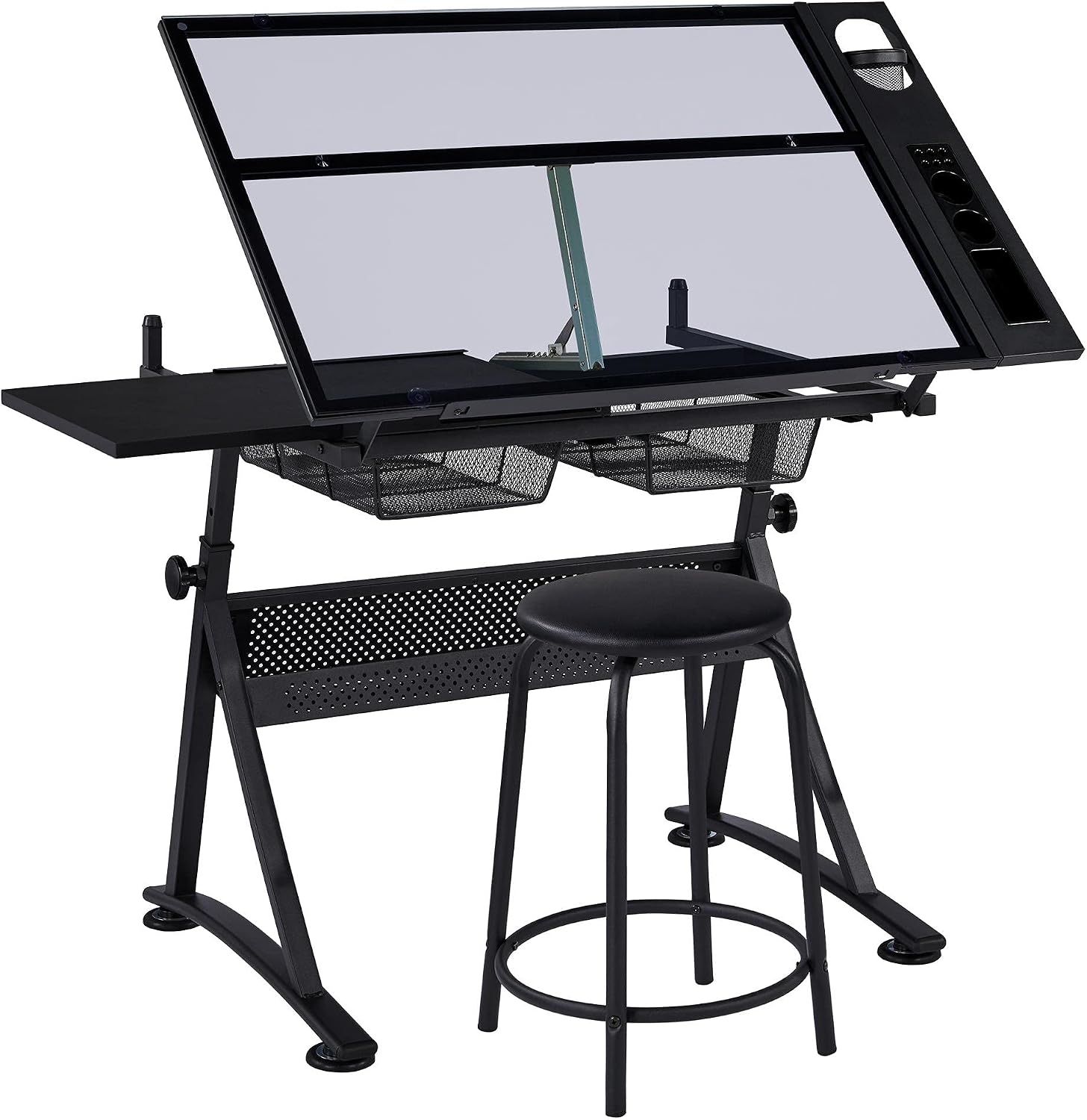 Yaheetech Drafting Table w/Stool Height Adjustable Multifunctional Art Craft Artists Desk Tilting Glass Tabletop Diamond Paintings Work Station w/2 Storage Drawers for Home Office