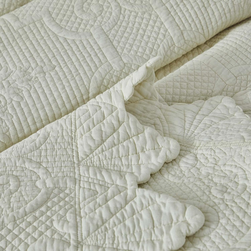 Brandream King Size Quilt Set Cotton Scalloped Quilt Cream Yellow 3 Piece | Real Stitching