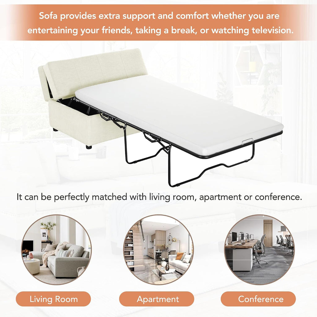 Folding Ottoman Sleeper Bed with Foldable Foam Mattress, Faux Leather Upholstered with Pull Out Bed and Steel Frame Base, Twin Size, for Living Room Bedroom Office (White Chenille)