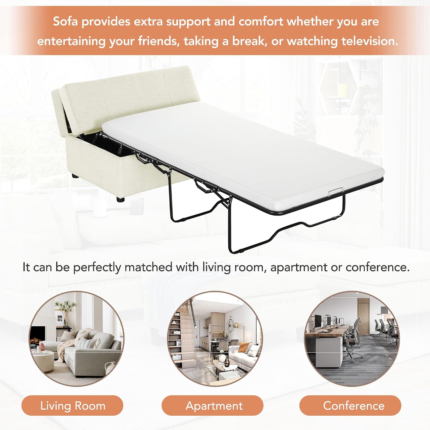 Folding Ottoman Sleeper Bed with Foldable Foam Mattress, Faux Leather Upholstered with Pull Out Bed and Steel Frame Base, Twin Size, for Living Room Bedroom Office (White Chenille)