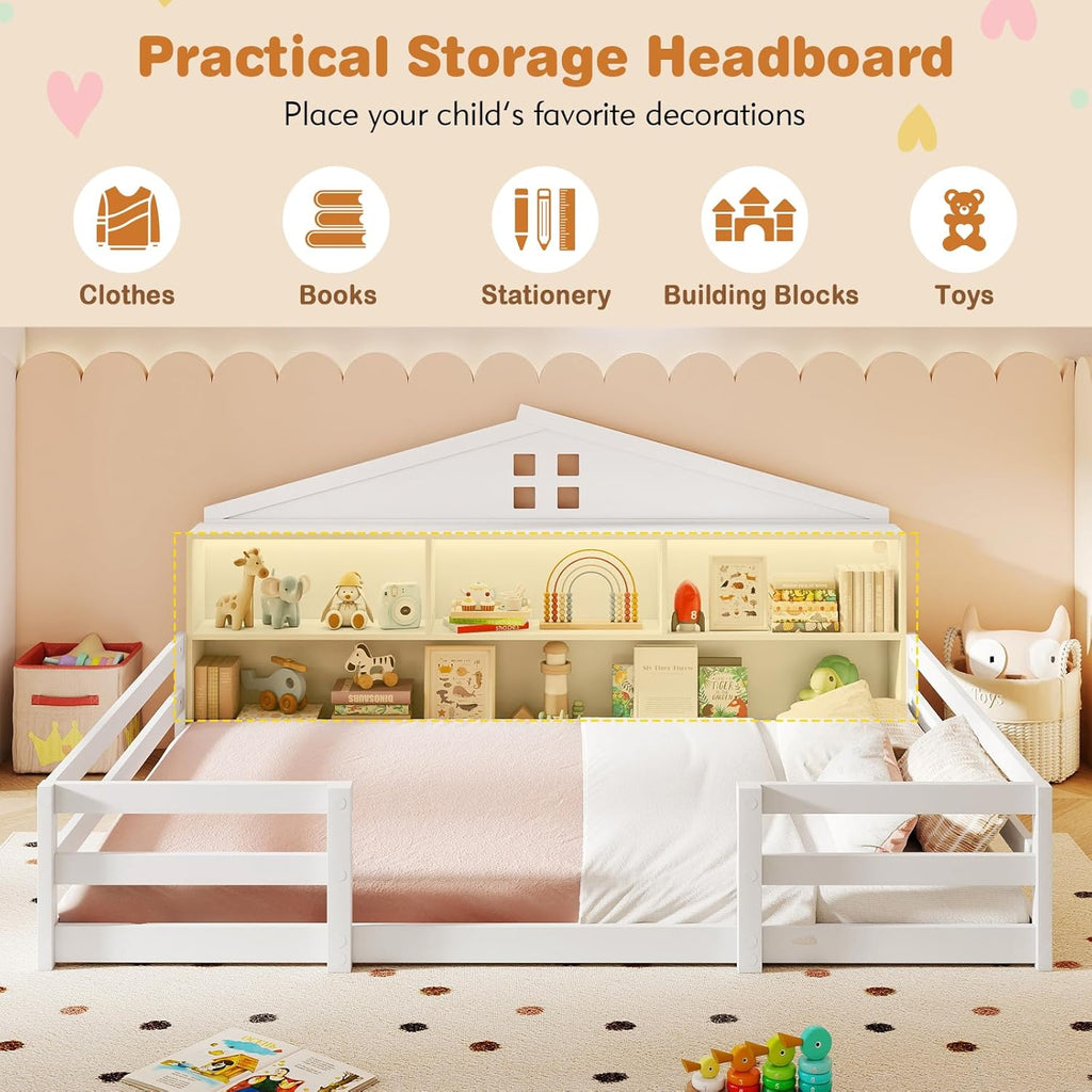 Giantex Full Size Montessori Floor Bed with LED Lights, 2-in-1 Wooden House Bed Frame with Safety Guardrails, Storage Compartments & Shelf, No Box Spring Needed, Without Slats, White