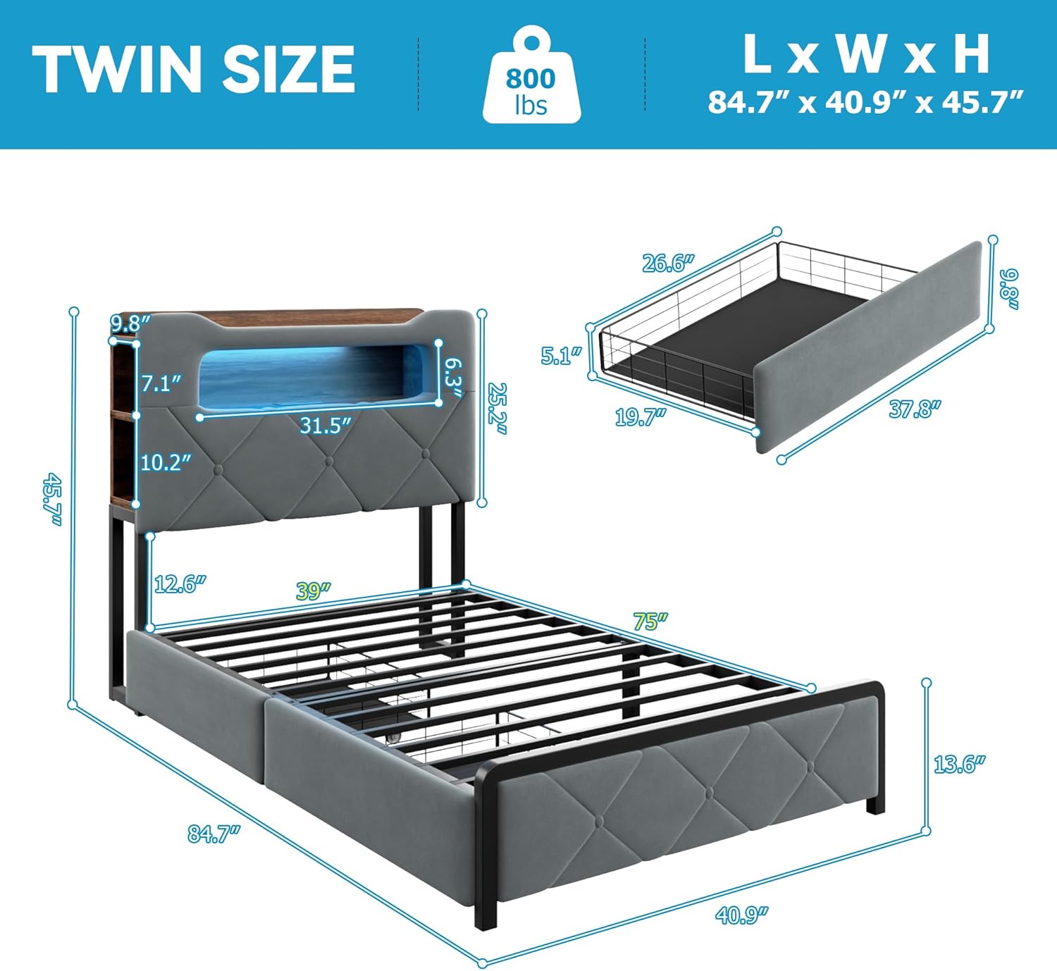 Jocoevol Twin Upholstered LED Bed Frame with 2 Storage Drawers and 2-Tier Storage Bookcase Headboard, Velvet Platform Bed for Kids/Girls/Boys, Corner Bed Frame, Heavy Duty Metal Support, Grey