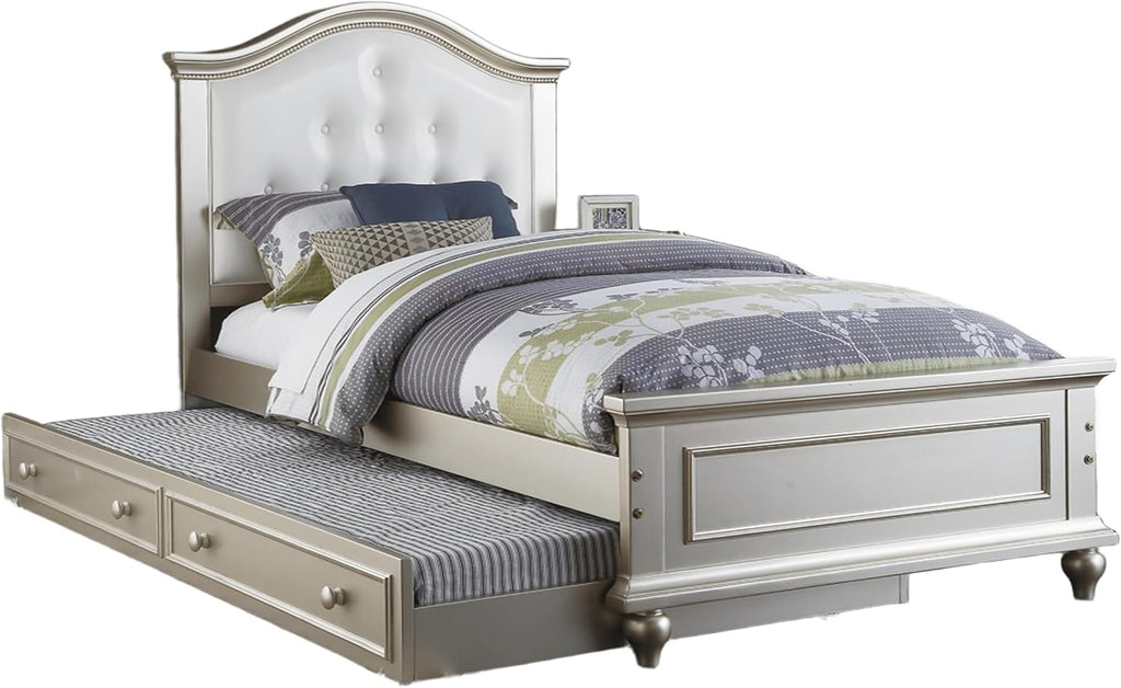 GOWE Contemporary Style Silver Twin Size Bed w/Trundle Slats Pine Plywood Kids Youth Bedroom Furniture White Faux Leather Tufted HB