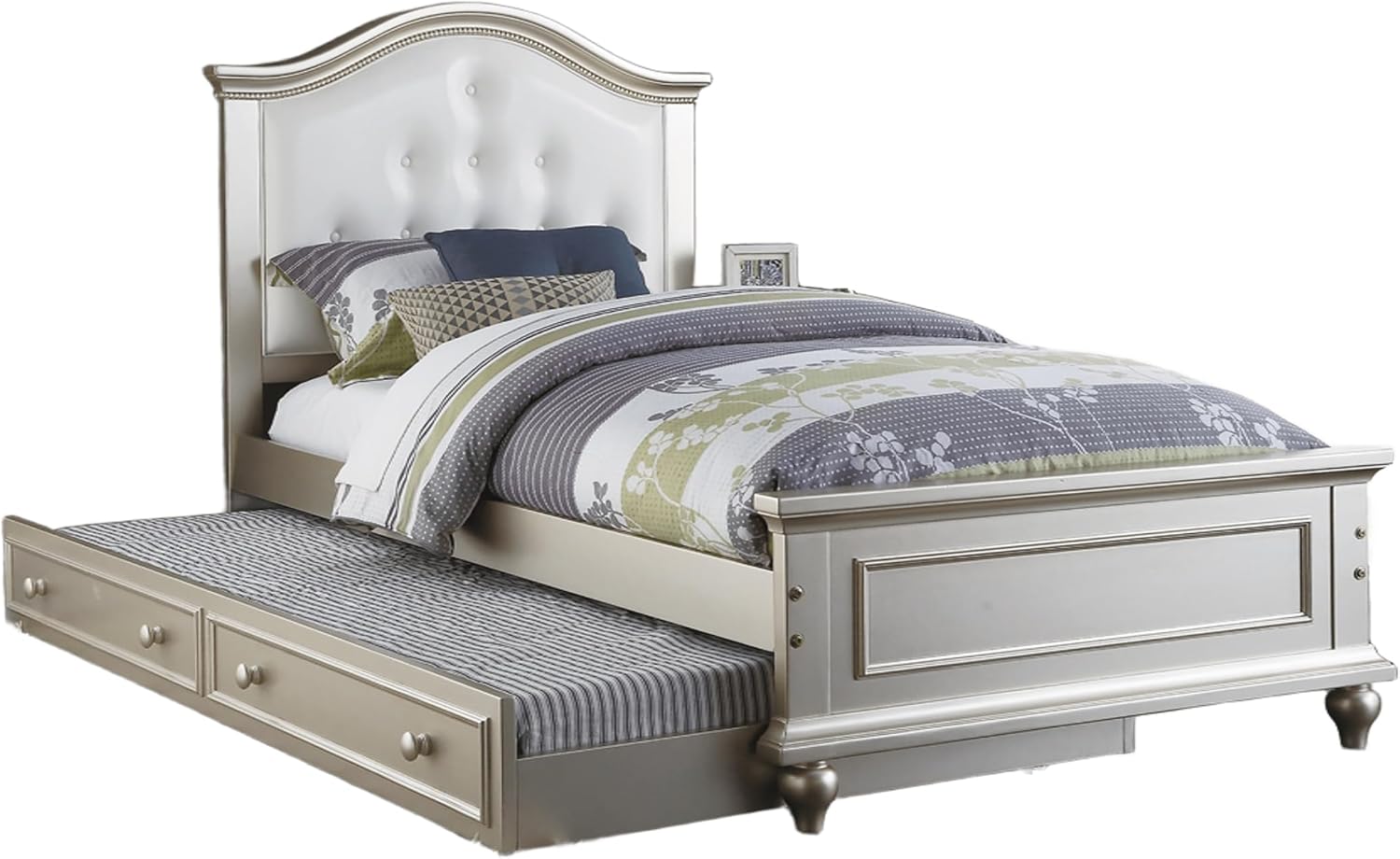GOWE Contemporary Style Silver Twin Size Bed w/Trundle Slats Pine Plywood Kids Youth Bedroom Furniture White Faux Leather Tufted HB