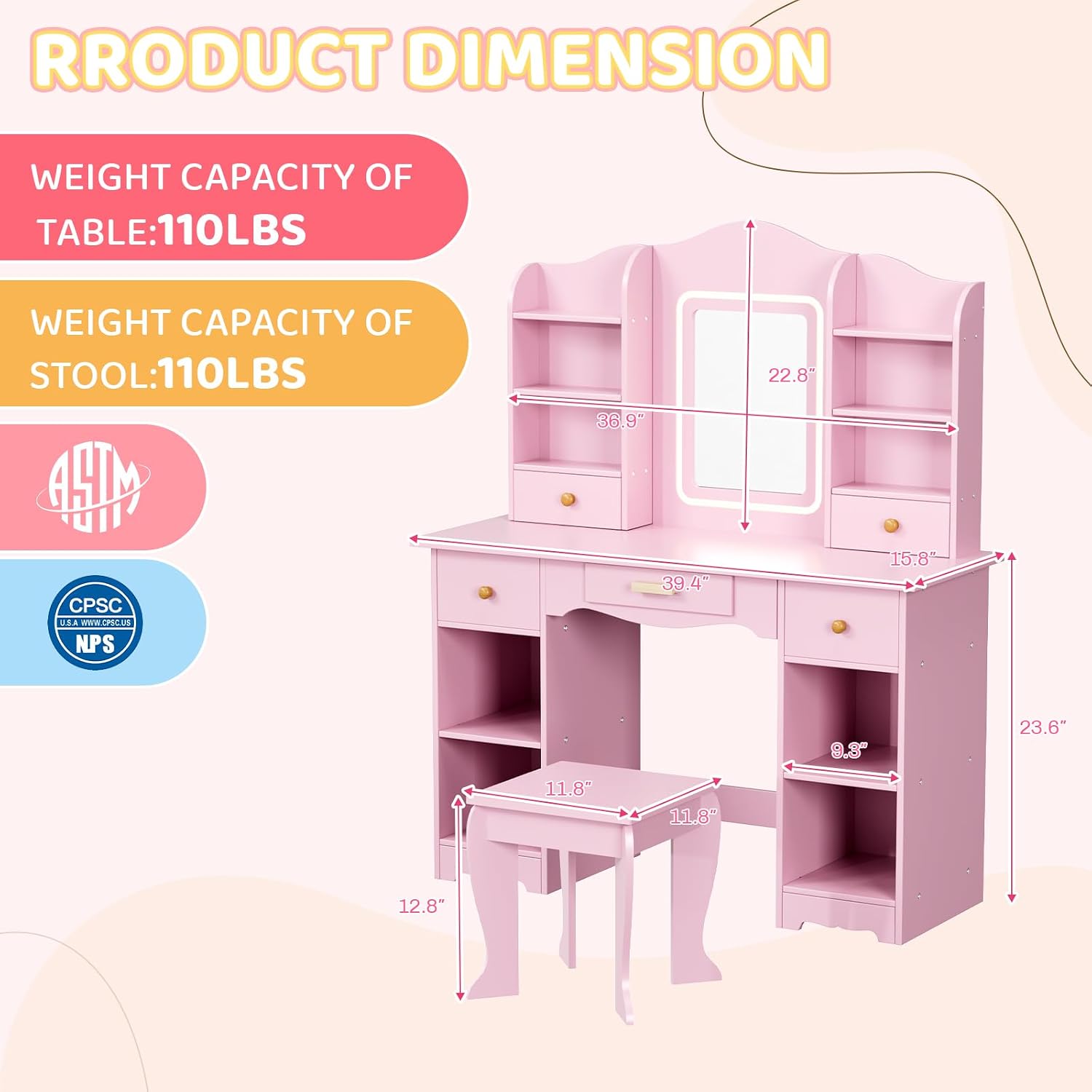 Arlopu Kids Vanity with 3-Color Lights, Girls Vanity Set w/Large Storage, Mirror ＆ Stool, 2 in 1 Princess Wooden Pretend Play Makeup Desk, Dressing Table and Chair, Open Shelves, Drawer (Pink)