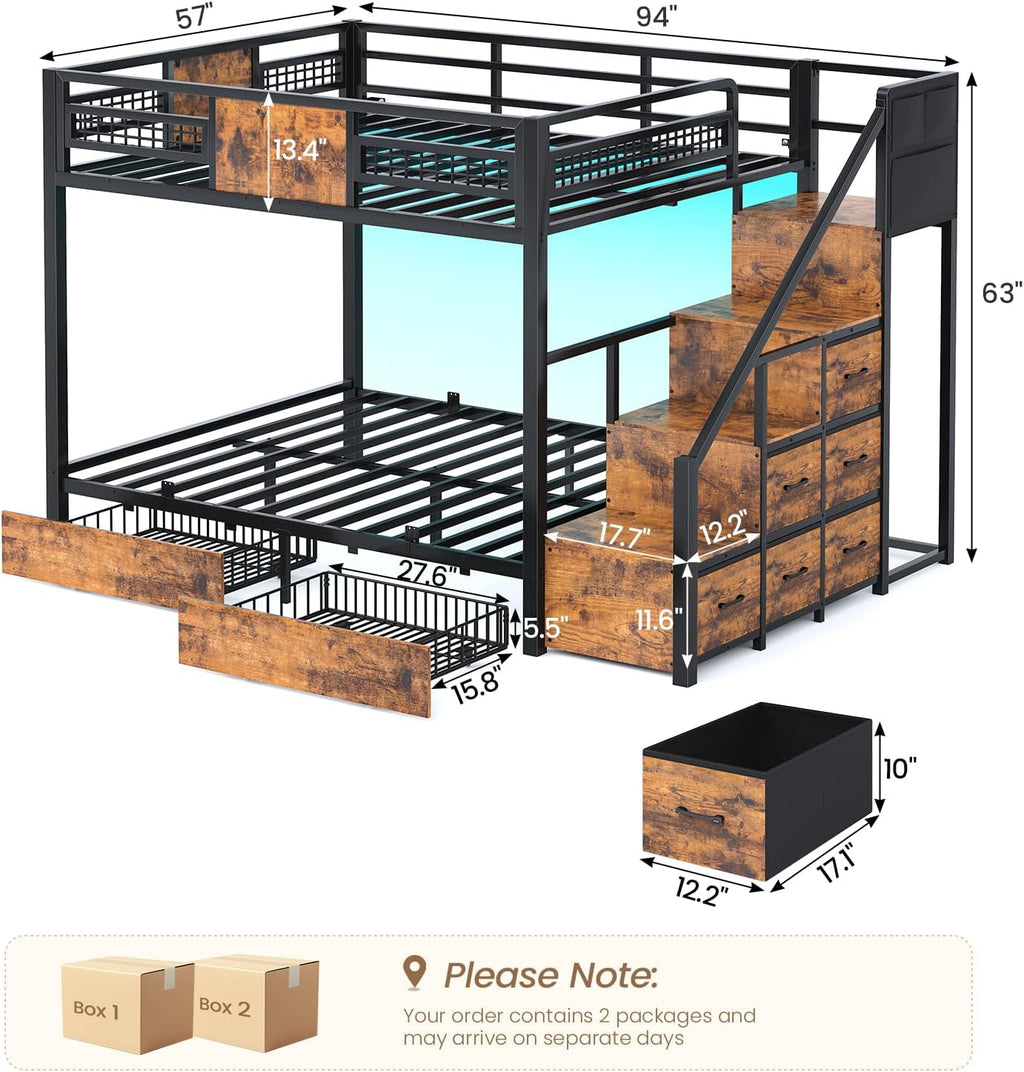 BTHFST Bunk Bed Full Over Full with Stairs, LED Lights Full Bunk Beds with 2 Storage Drawers & 6 Fabric Drawers, Metal Full Loft Beds with Safety Guardrail & Stairs, Space Saving, Rustic Brown